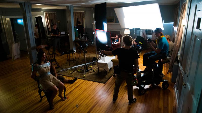 First take of the night, the crew quiets down as 2nd AC Kai Dickson calls slate and actress Jenna Krasowski gets ready.. First take of the night, the crew quiets down as 2nd AC Kai Dickson calls slate and actress Jenna Krasowski gets ready..